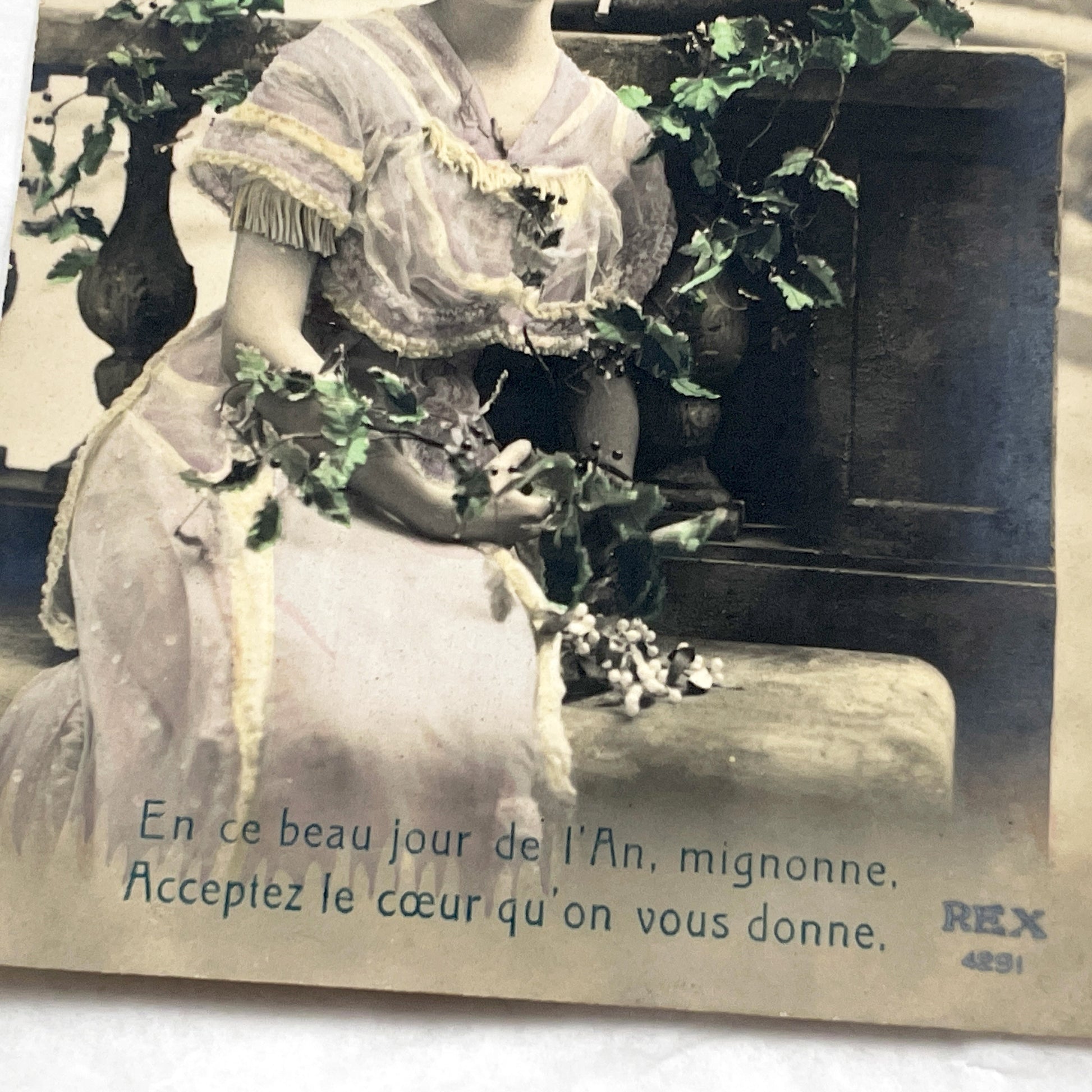 1910s - Vintage French New Year Postcard - Hand Tinted Romantic Couple - Antique Ephemera Greeting Card - Sentimental Gift