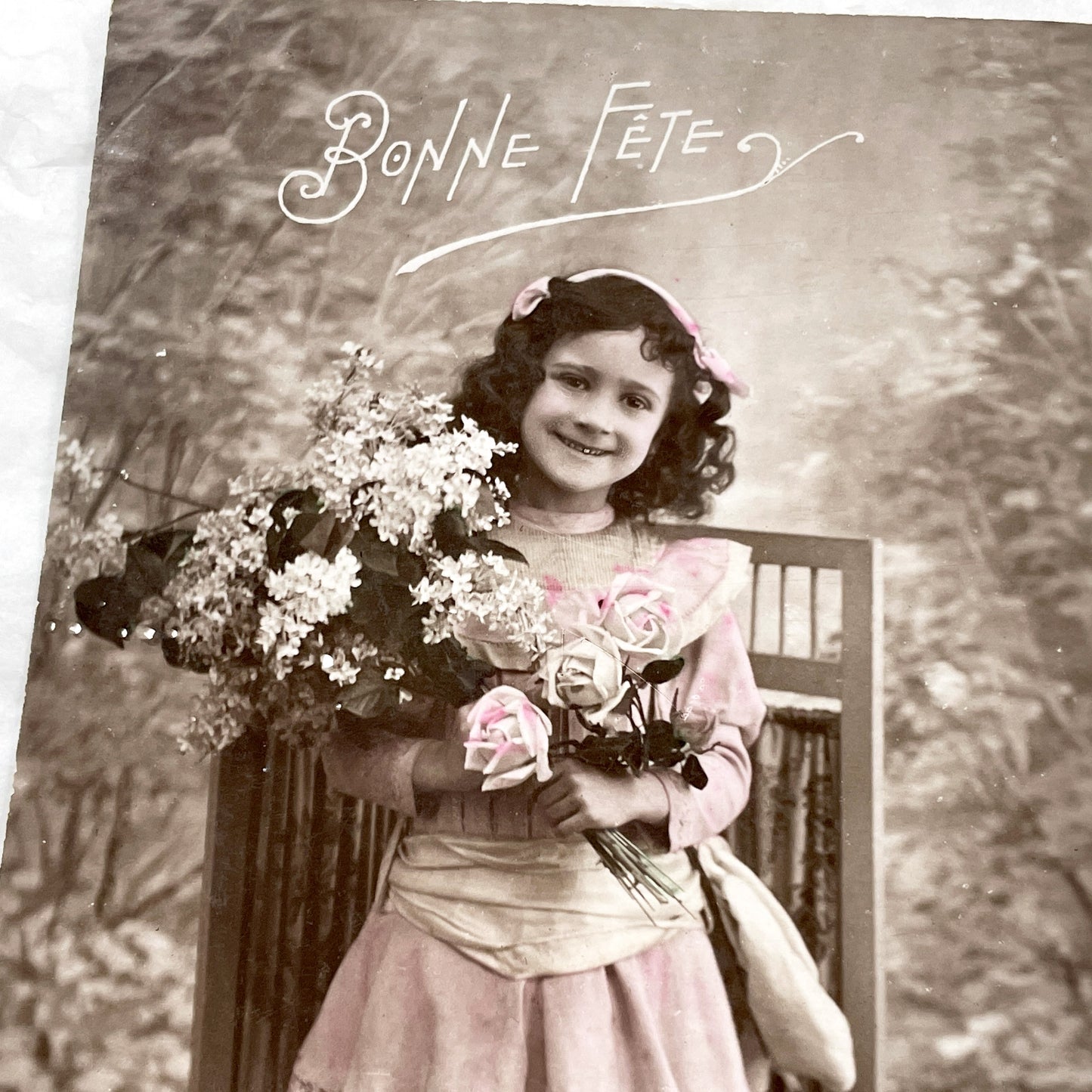 1900s - Antique French Postcard - Happy Holiday Young Girl - Pink Dress - Lilac & Roses Floral Bouquet - Vintage Ephemera Collectible