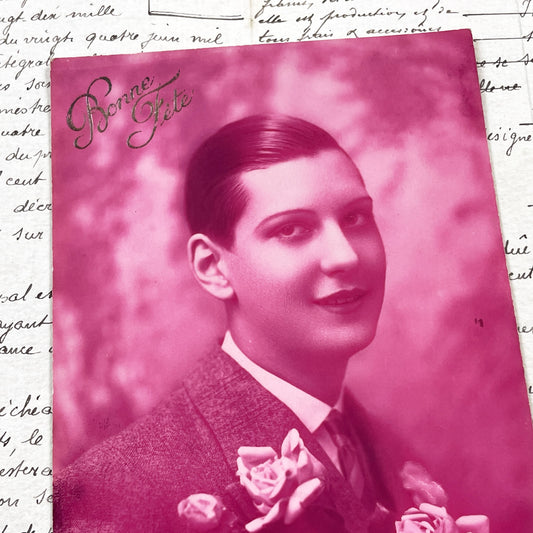 1920s - Vintage French Postcard - Portrait of a Dapper Young Man Holding Roses - Magenta Tint - Elegant Bonne Fete Greeting