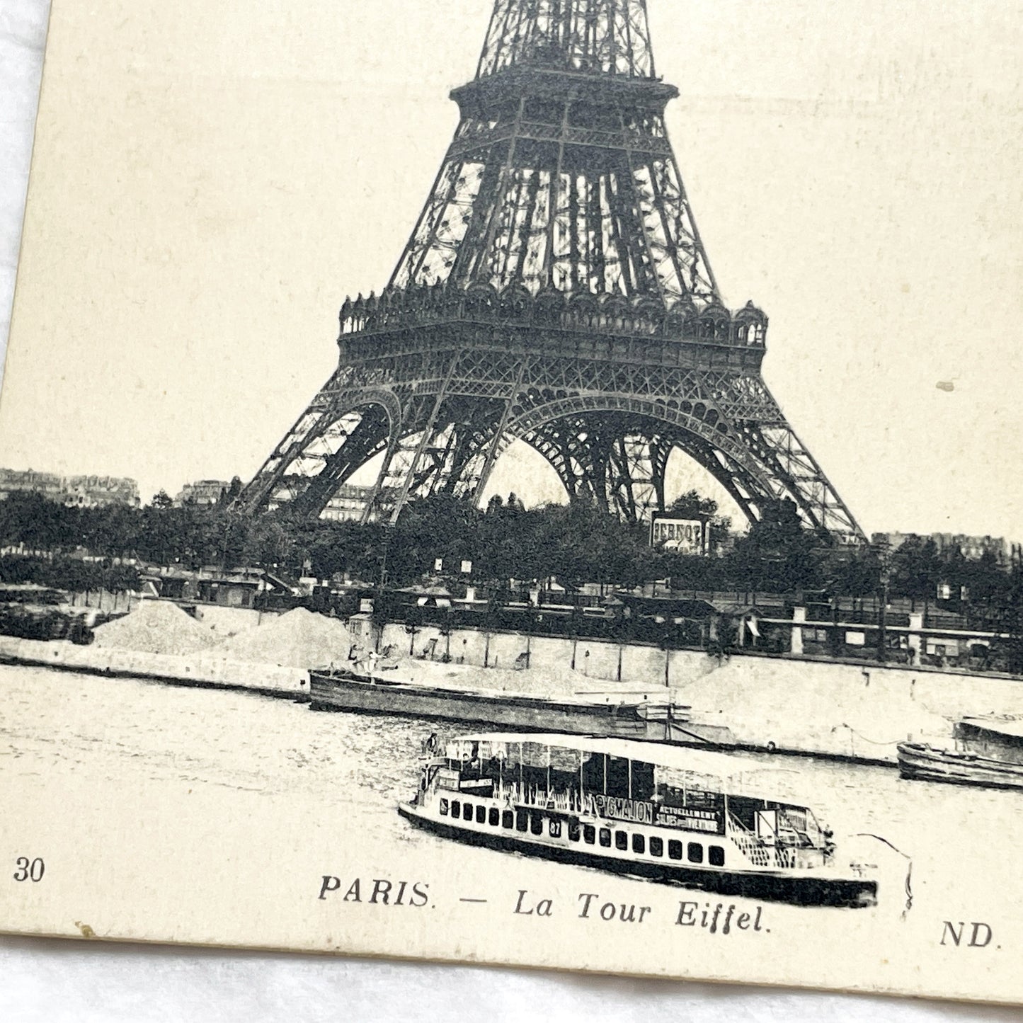 1910s - Vintage Paris Eiffel Tower Postcard - Seine River Boat - Landmark View - Parisian Belle Époque Souvenir - Architectural Masterpiece