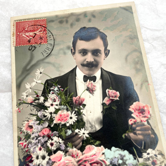 1900s - French Postcard - Elegant Man & Floral Bouquet
