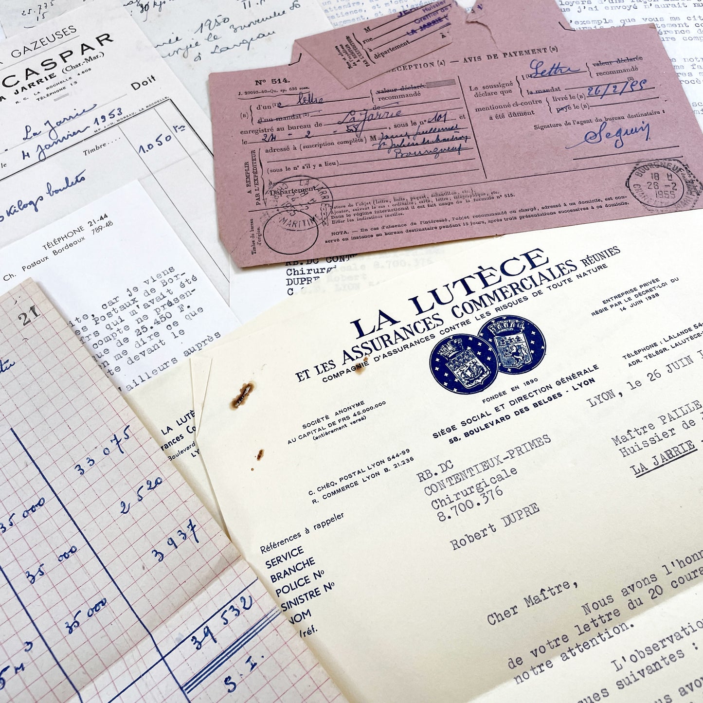1950s - Vintage Ephemera Lot – French Letters, Invoices & Legal Documents from Notary Archive