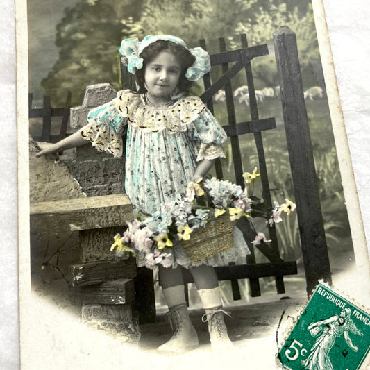 1900s - Vintage French Postcard - Little Girl with Flowers