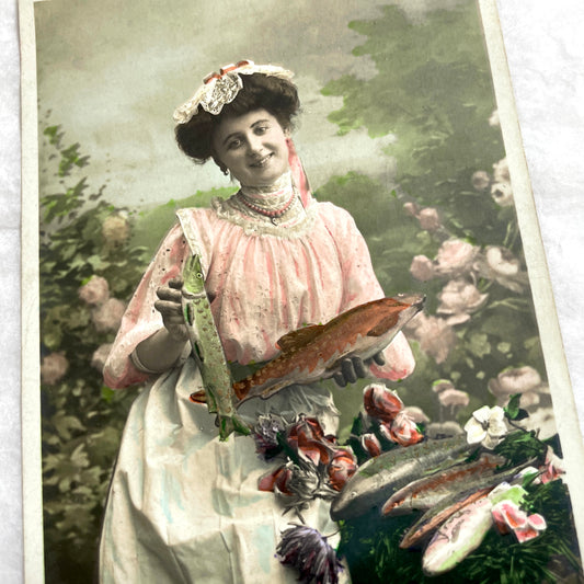 1900s - Vintage Postcard - Woman with Fish - French Spring Card