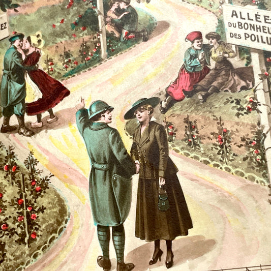 1910s French postcard with WWI Poilus, allegorical path of happiness, couples, and French lyrics.