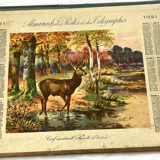 1920s - Vintage French Postal Telegraph Almanac - Duderot Stag Deer Watercolor Art - Historical Calendar - Early 20th Century
