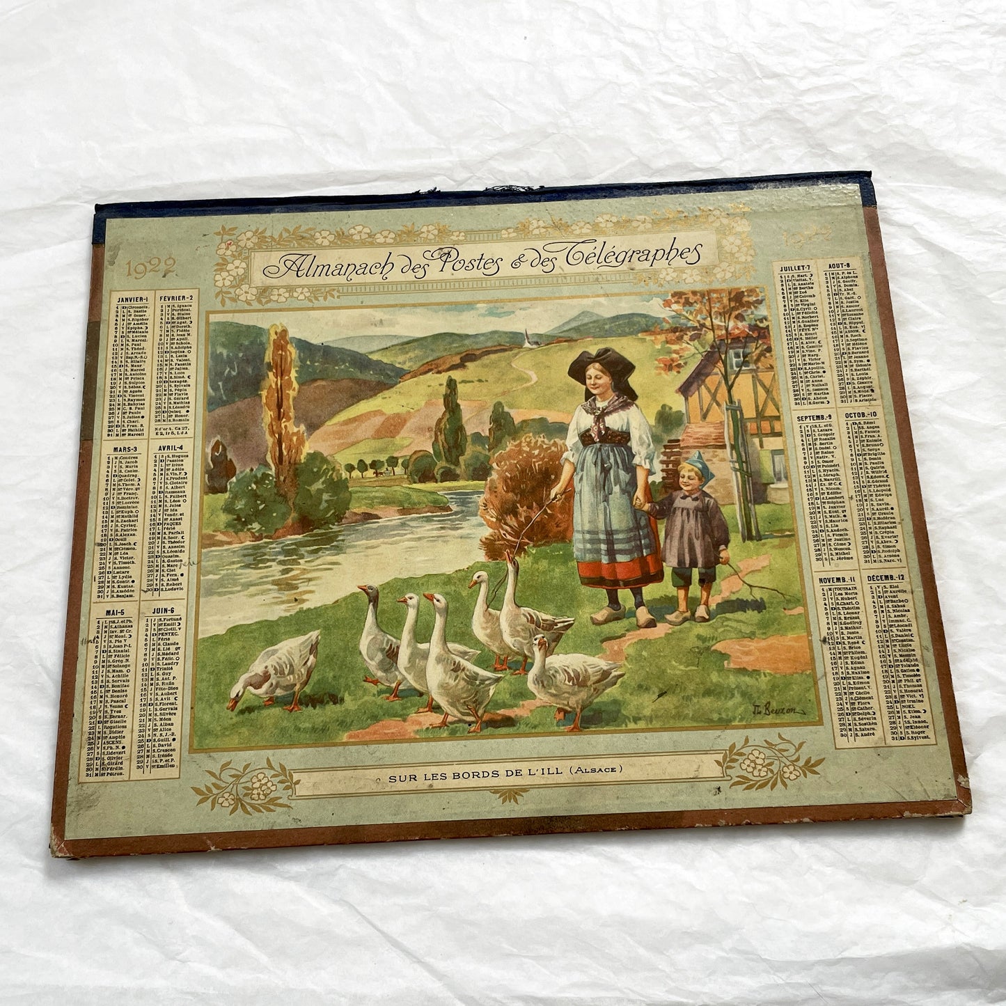 1920s - Vintage French Postal & Telegraph Almanac Illustrated Alsatian Scene with Geese - Historical Folk Culture Document