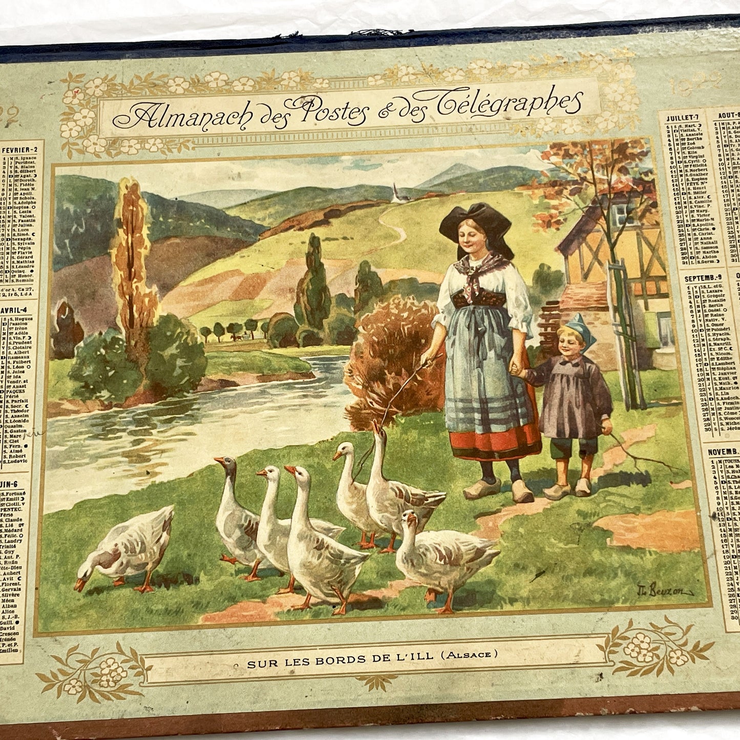 1920s - Vintage French Postal & Telegraph Almanac Illustrated Alsatian Scene with Geese - Historical Folk Culture Document