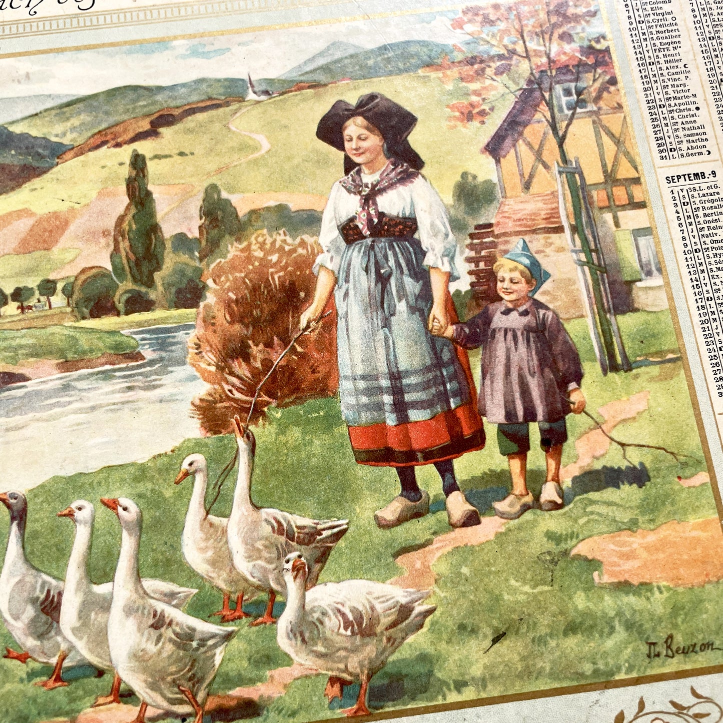 1920s - Vintage French Postal & Telegraph Almanac Illustrated Alsatian Scene with Geese - Historical Folk Culture Document