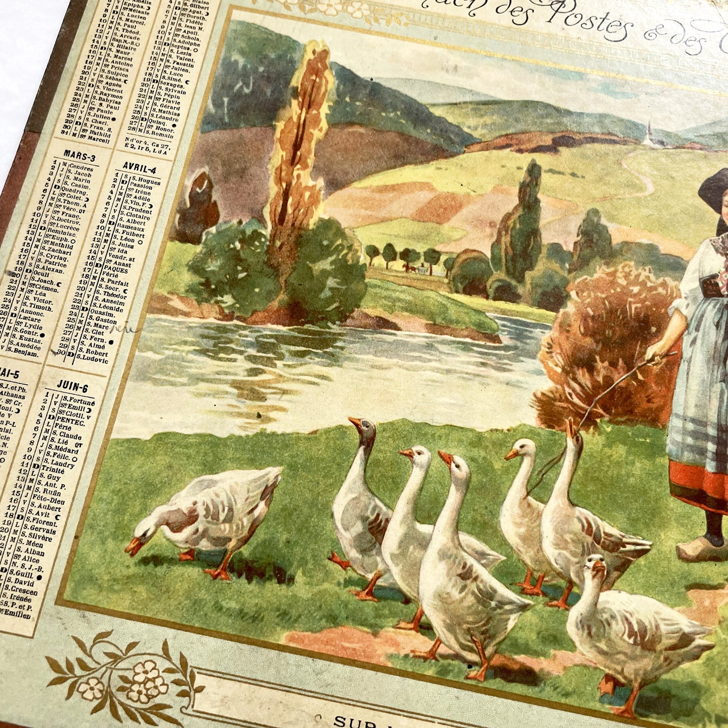 1920s - Vintage French Postal & Telegraph Almanac Illustrated Alsatian Scene with Geese - Historical Folk Culture Document