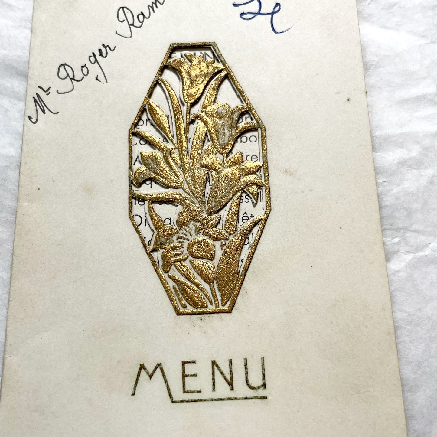 1950s - Vintage French Wedding Menu - Simone Dupont Roger Ramard Marriage Ephemera - December 1950 - Embossed Floral Design -