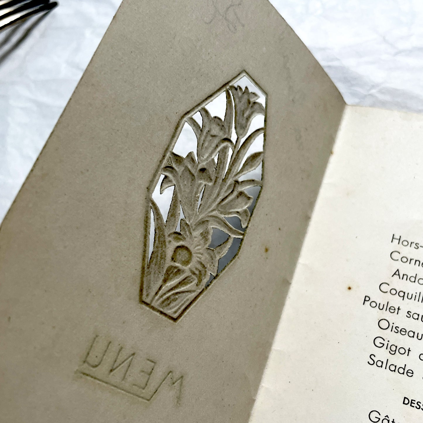 1950s - Vintage French Wedding Menu - Simone Dupont Roger Ramard Marriage Ephemera - December 1950 - Embossed Floral Design -