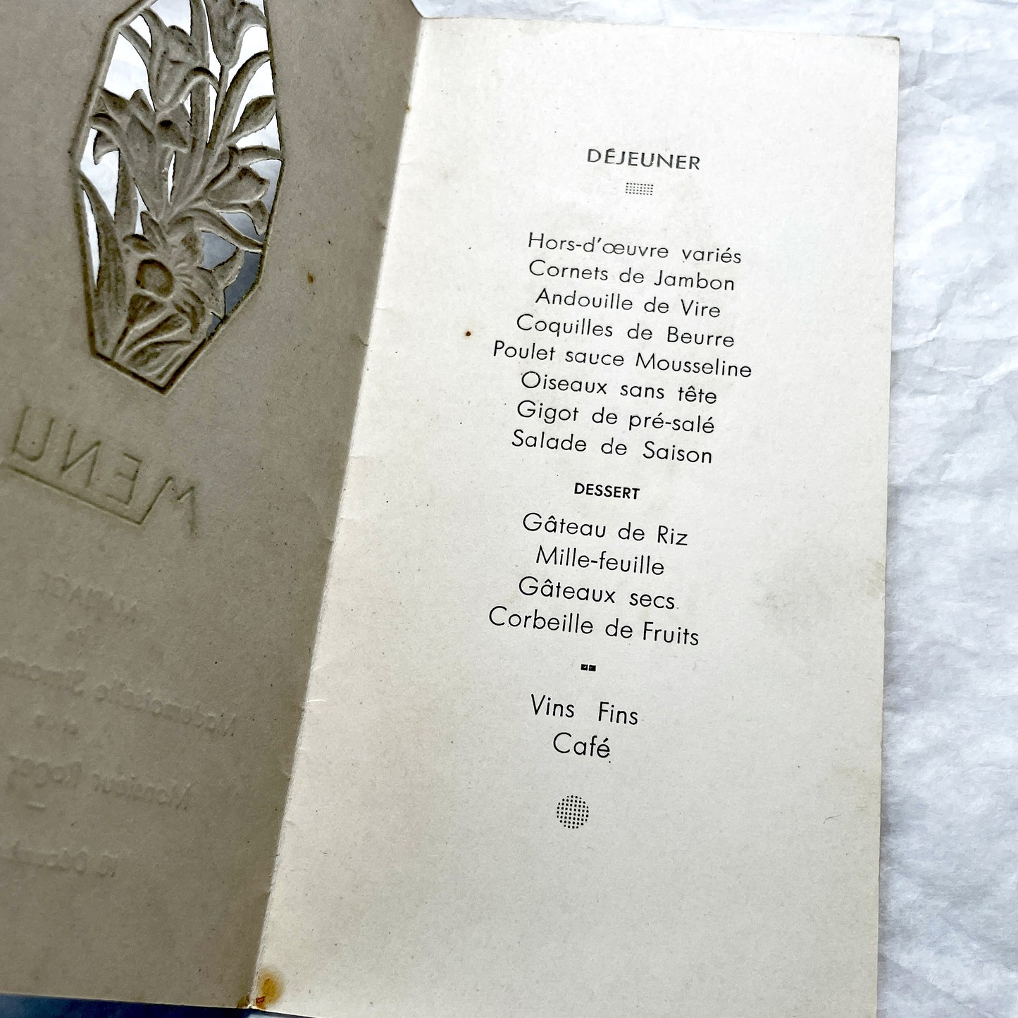 1950s - Vintage French Wedding Menu - Simone Dupont Roger Ramard Marriage Ephemera - December 1950 - Embossed Floral Design -