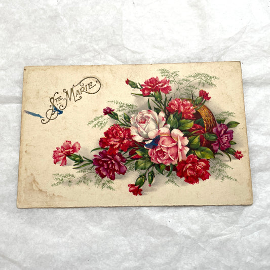 1900s French postcard lot showcasing four antique floral designs, including roses, carnations, and elegant French script.