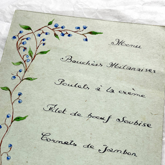 1950s - Vintage French Menu Card - Hand Painted Floral Design - Classic French Cuisine Dinner - Collectible Ephemera