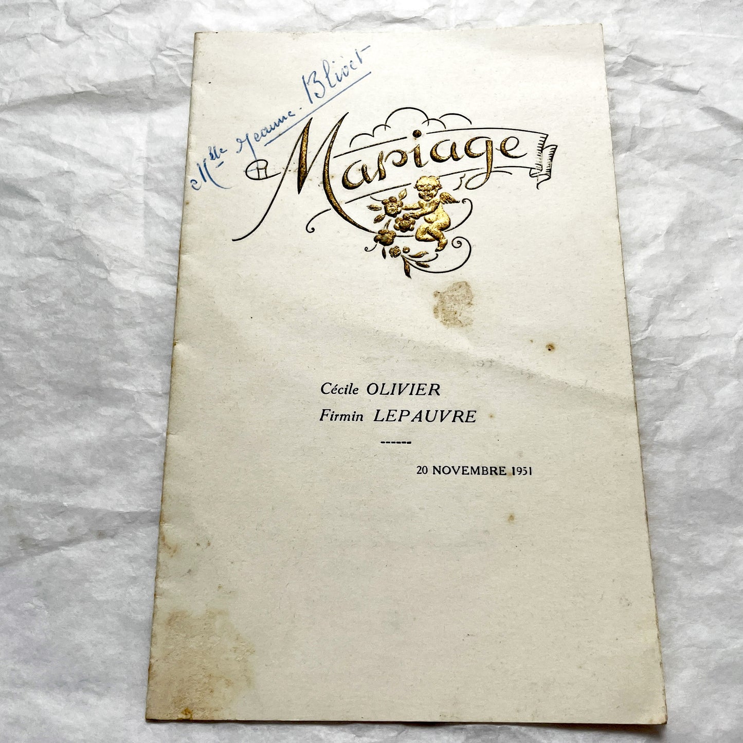 1950s - Two Vintage French Wedding Menus - Marriage - Cherub Ornate Cover - Antique Dinner Lunch Program - Paper Ephemera