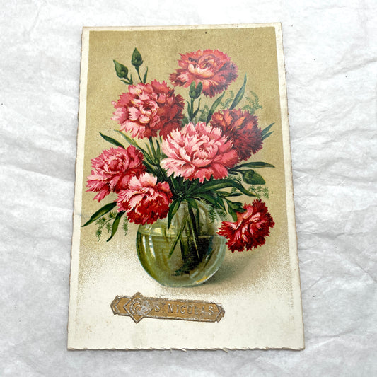 Lot of four 1950s carnation postcards featuring vibrant red and pink floral arrangements with French text.