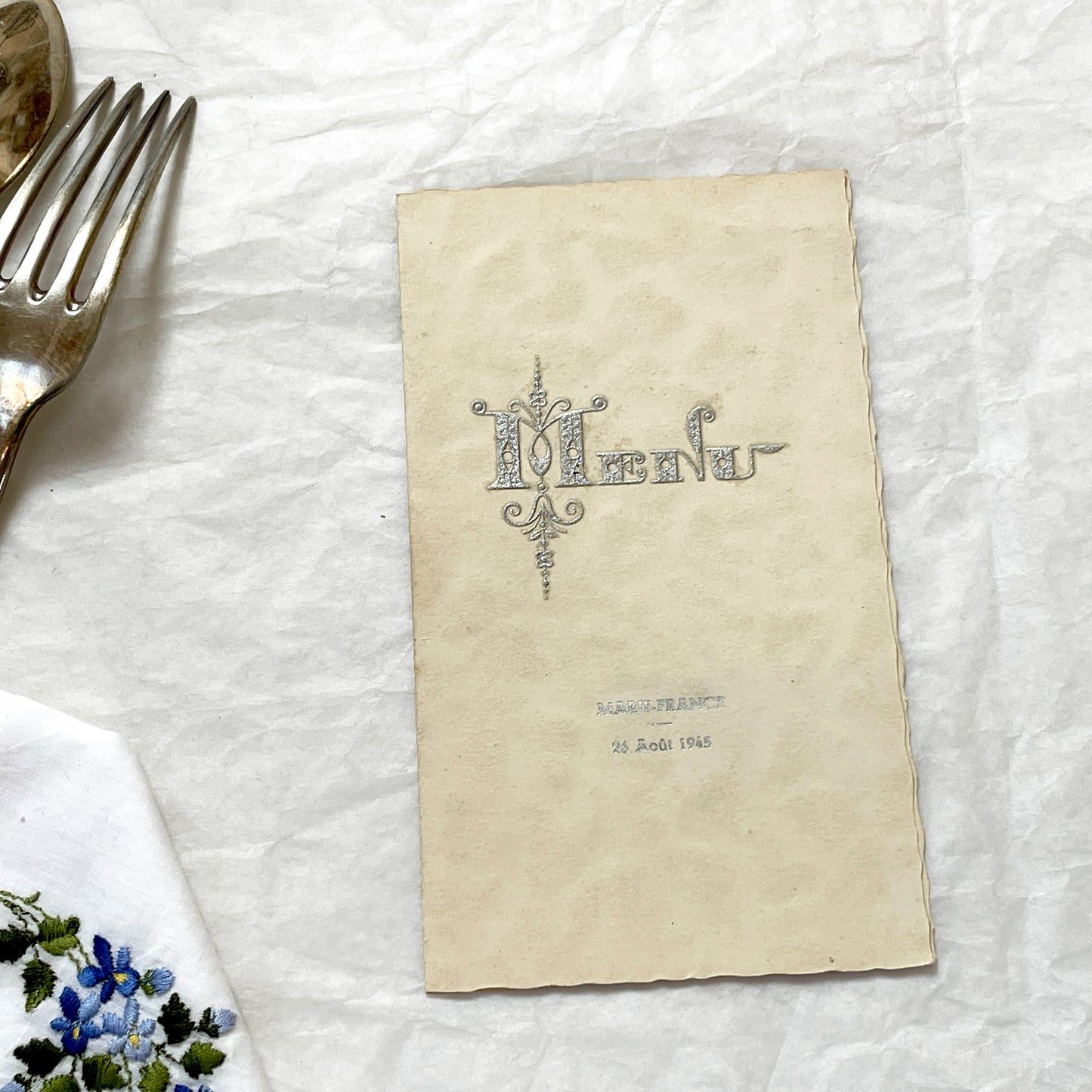 1940s - Vintage French Menu - August 1945 Post-War Marie-France Event Card - Elegant Dinner Lunch Collectible Historic Paper