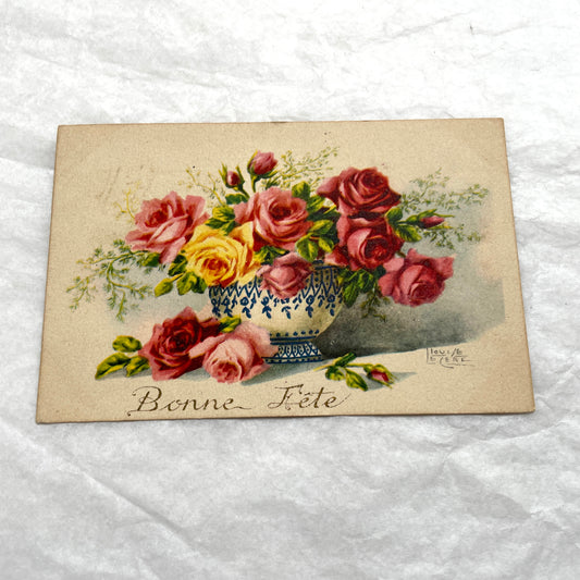 1900s antique French postcards lot with vibrant floral bouquets, featuring 'Bonne Fête' and 'Vive Ste Catherine' greetings.