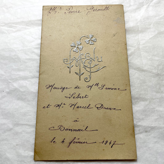1940s - Vintage French Wedding Menu Card - Antique Bridal Dinner Lunch - Special Event Ephemera - 1947 - Simone and Marcel Marriage