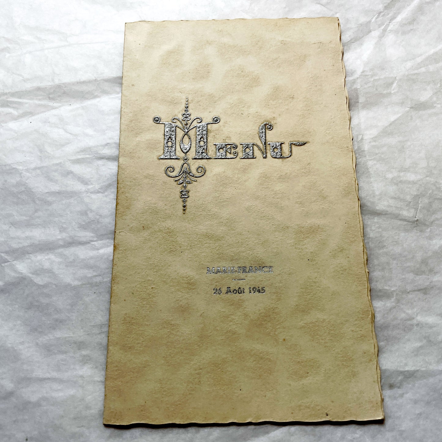 1940s - Vintage French Menu - August 1945 Post-War Marie-France Event Card - Elegant Dinner Lunch Collectible Historic Paper