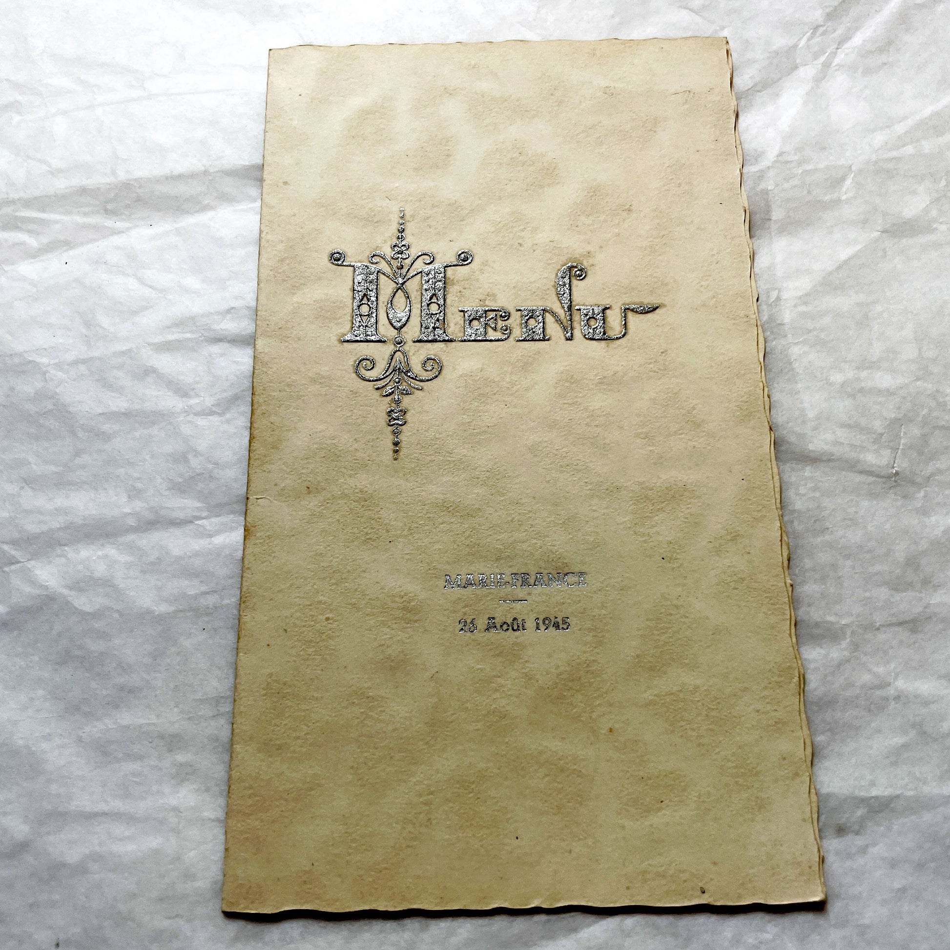 1940s - Vintage French Menu - August 1945 Post-War Marie-France Event Card - Elegant Dinner Lunch Collectible Historic Paper
