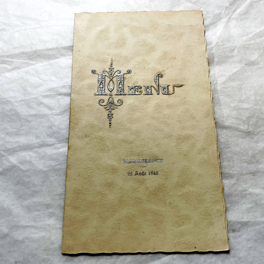 1940s - Vintage French Menu - August 1945 Post-War Marie-France Event Card - Elegant Dinner Lunch Collectible Historic Paper