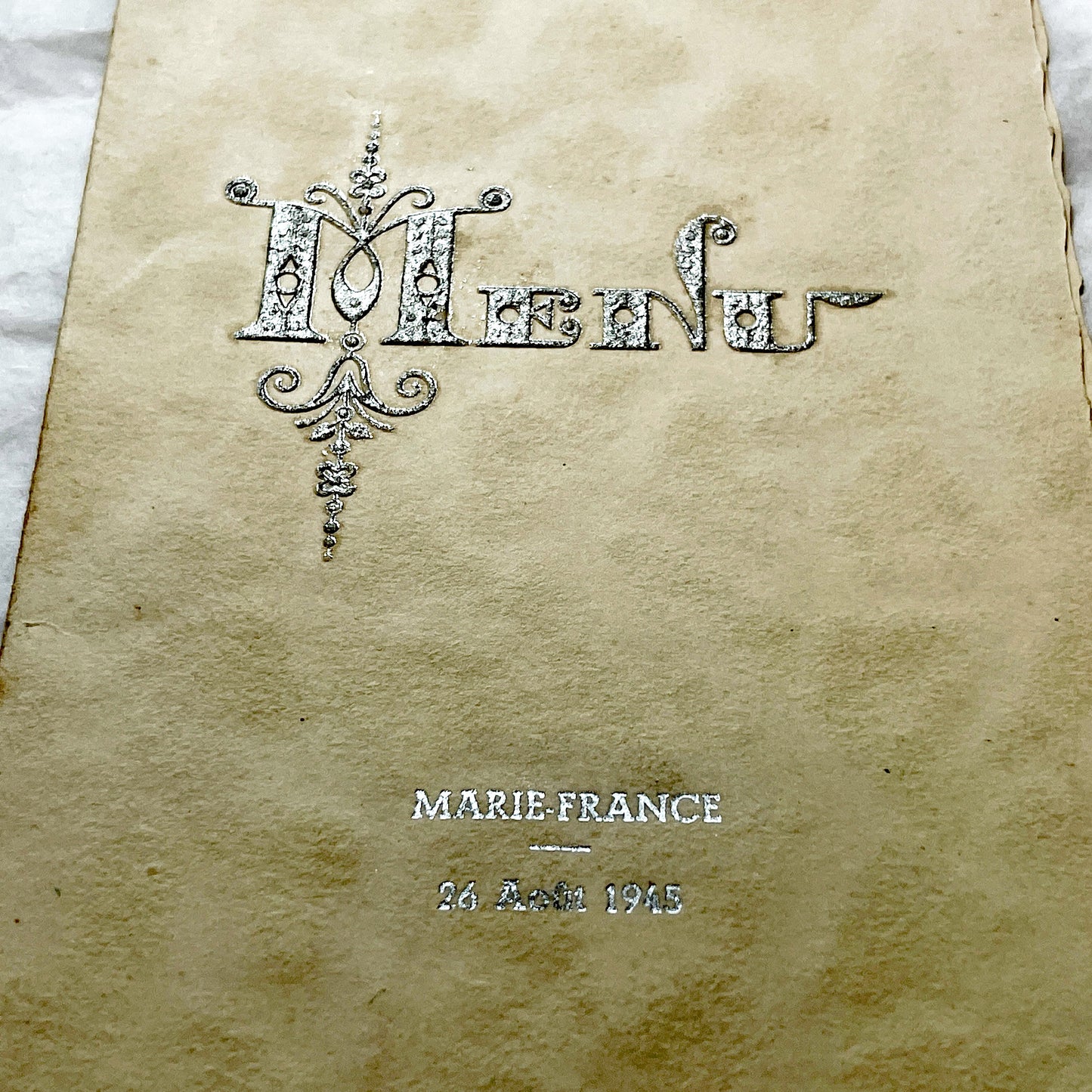 1940s - Vintage French Menu - August 1945 Post-War Marie-France Event Card - Elegant Dinner Lunch Collectible Historic Paper