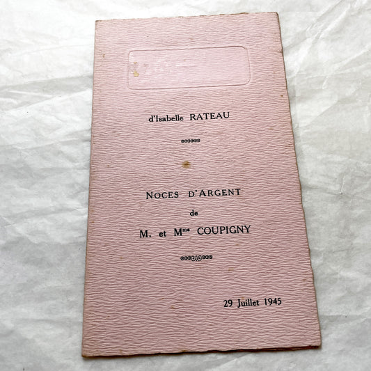 1940s - French Vintage Silver Wedding Anniversary Menu - 1945 Post War Event - Historical Culinary Document - Elegant Pink Cardstock