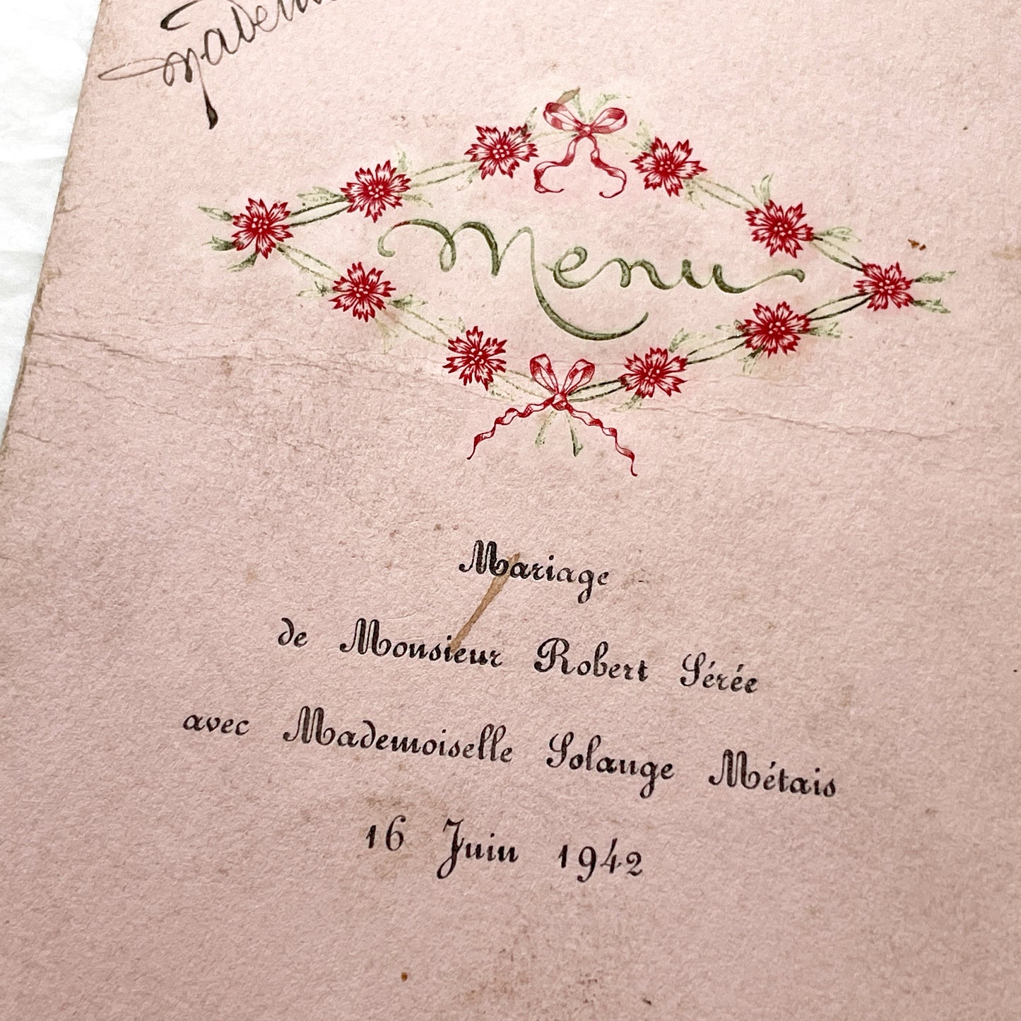 1940s - Vintage French Wedding Menu - 1942 Marriage Program - Historical Paper Ephemera - Robert and Solange Celebration Keepsake