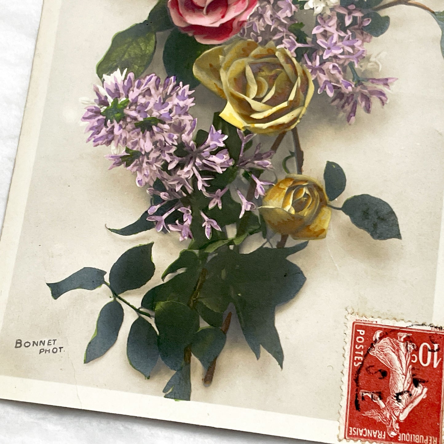 1900s - French Floral Postcard - Roses and Lilacs Bouquet - Vintage Flower Greeting Card - Ephemera Art Print - Bonnet Phot.