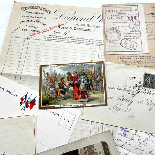 Mixed French Ephemera Lot, 1910s. Vintage postcards, handwritten letters, photos, and historical French documents.