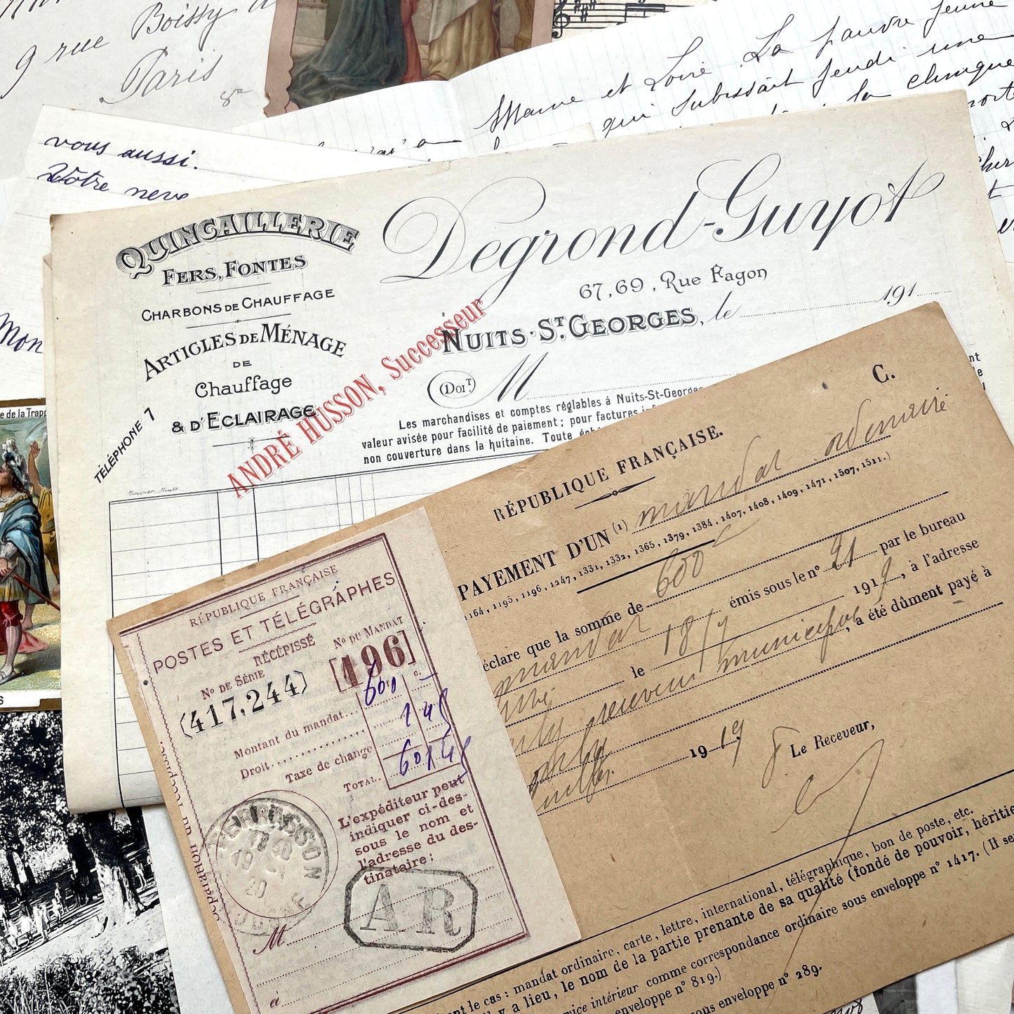 Mixed French Ephemera Lot, 1910s. Vintage postcards, handwritten letters, photos, and historical French documents.