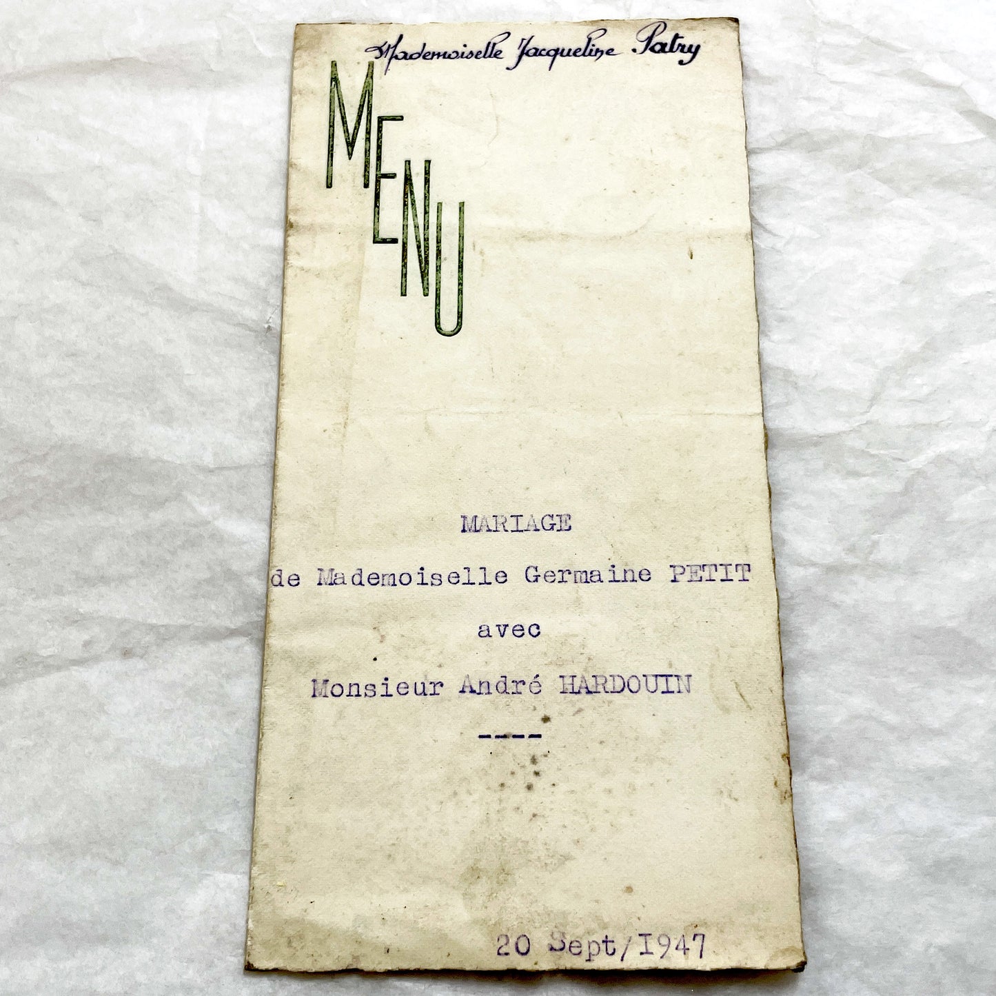 1940s - Vintage French Wedding Menus - Post War Culinary History - Authentic Ephemera - Collectible Dinner Luncheon Cards