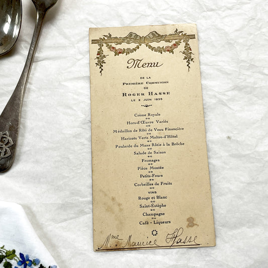 1930s - Vintage French First Communion Menu - Dinner Document - Unique Ephemera - 1935 Family Event - Collectible Paper