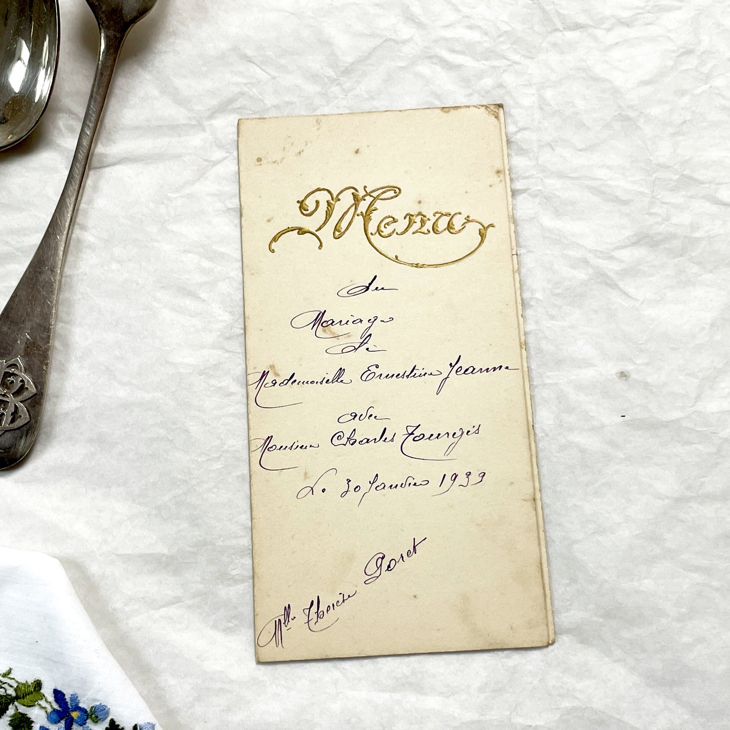 1930s - Authentic 1939 French Wedding Menu - Dejeuner - Diner - Handwritten Menu - Gilded Vintage Ephemera - Culinary History