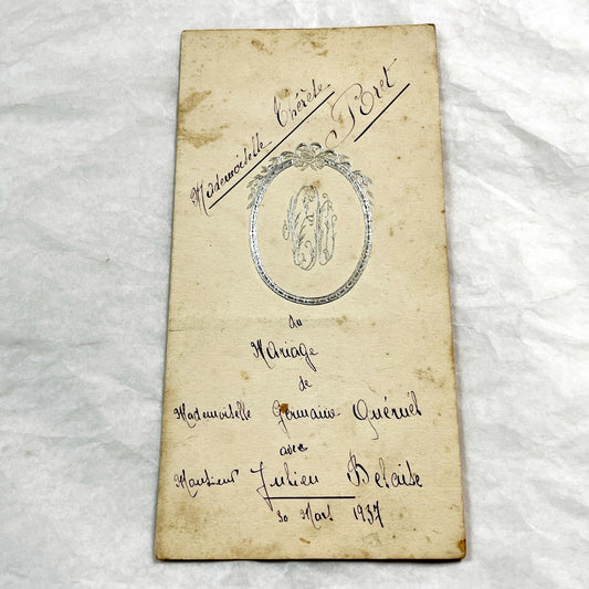 1930s - French Wedding Menu - March 30, 1937 - Vintage Monogrammed Program - Historic Gourmet Meal List - Unique Ephemera Collectible