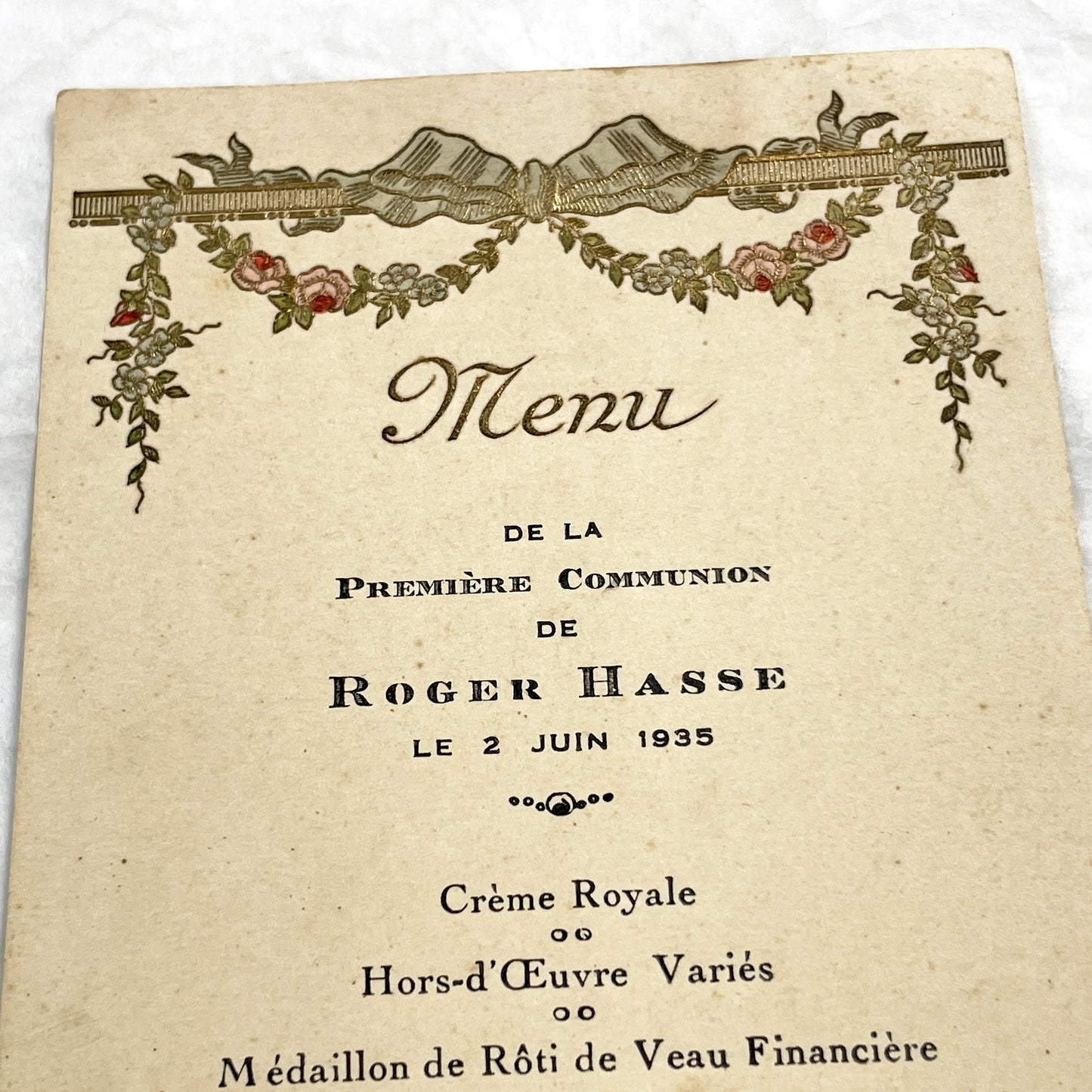 1930s - Vintage French First Communion Menu - Dinner Document - Unique Ephemera - 1935 Family Event - Collectible Paper