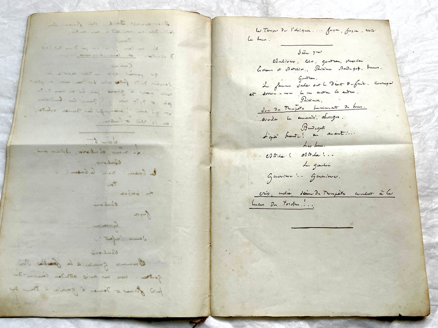 Late 19th handwritten French play script manuscript on aged paper with elegant penmanship, revealing literary text.
