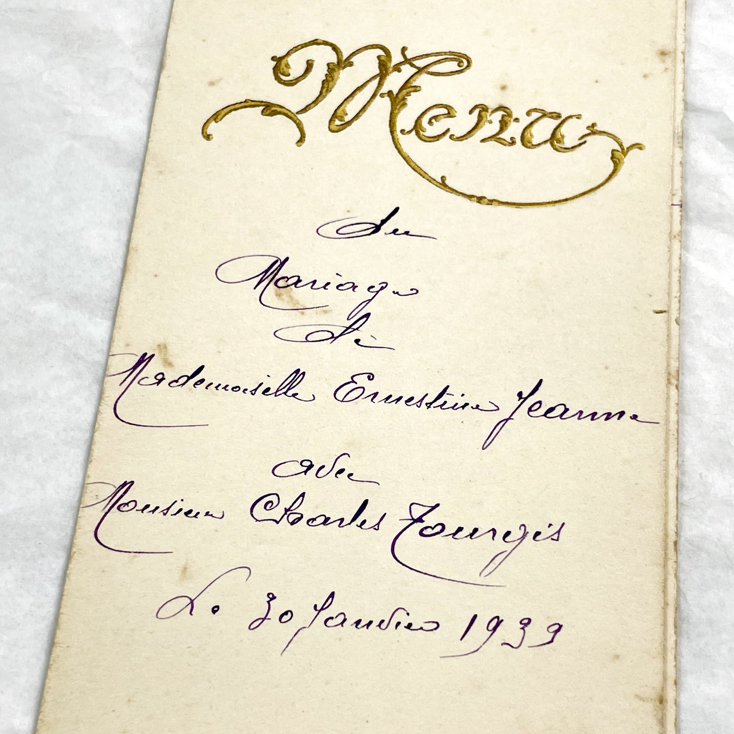 1930s - Authentic 1939 French Wedding Menu - Dejeuner - Diner - Handwritten Menu - Gilded Vintage Ephemera - Culinary History