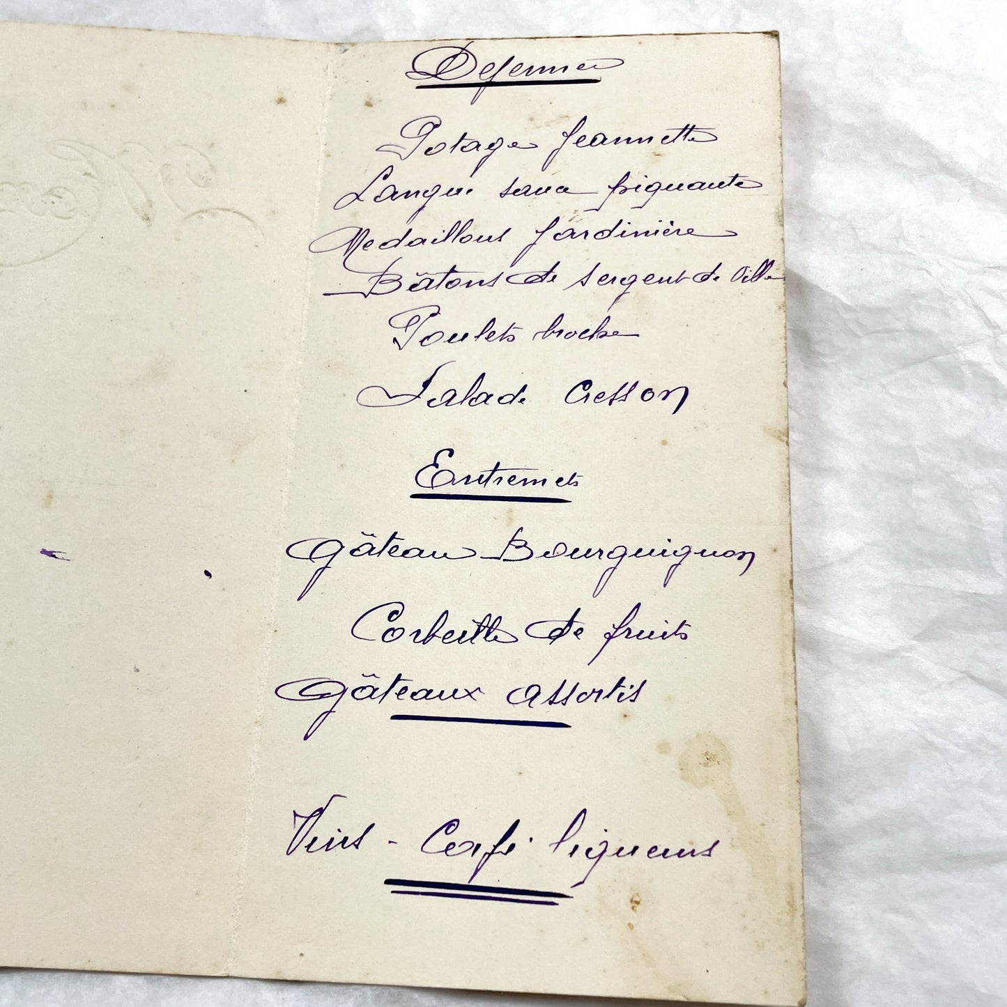 1930s - Authentic 1939 French Wedding Menu - Dejeuner - Diner - Handwritten Menu - Gilded Vintage Ephemera - Culinary History