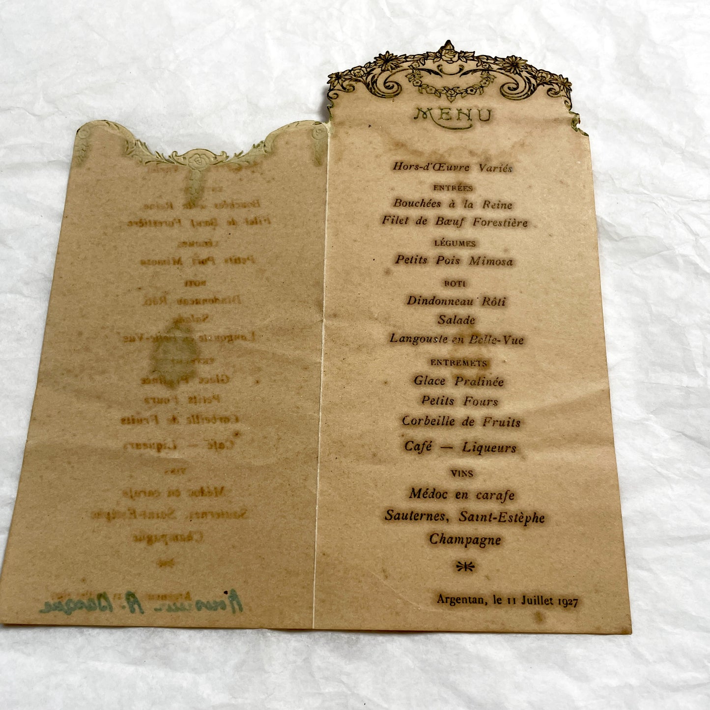 1920s - Vintage French Dinner Menu - Ornate Art Nouveau Floral Design - 1927 Document - Elegant Cuisine - France Collectible