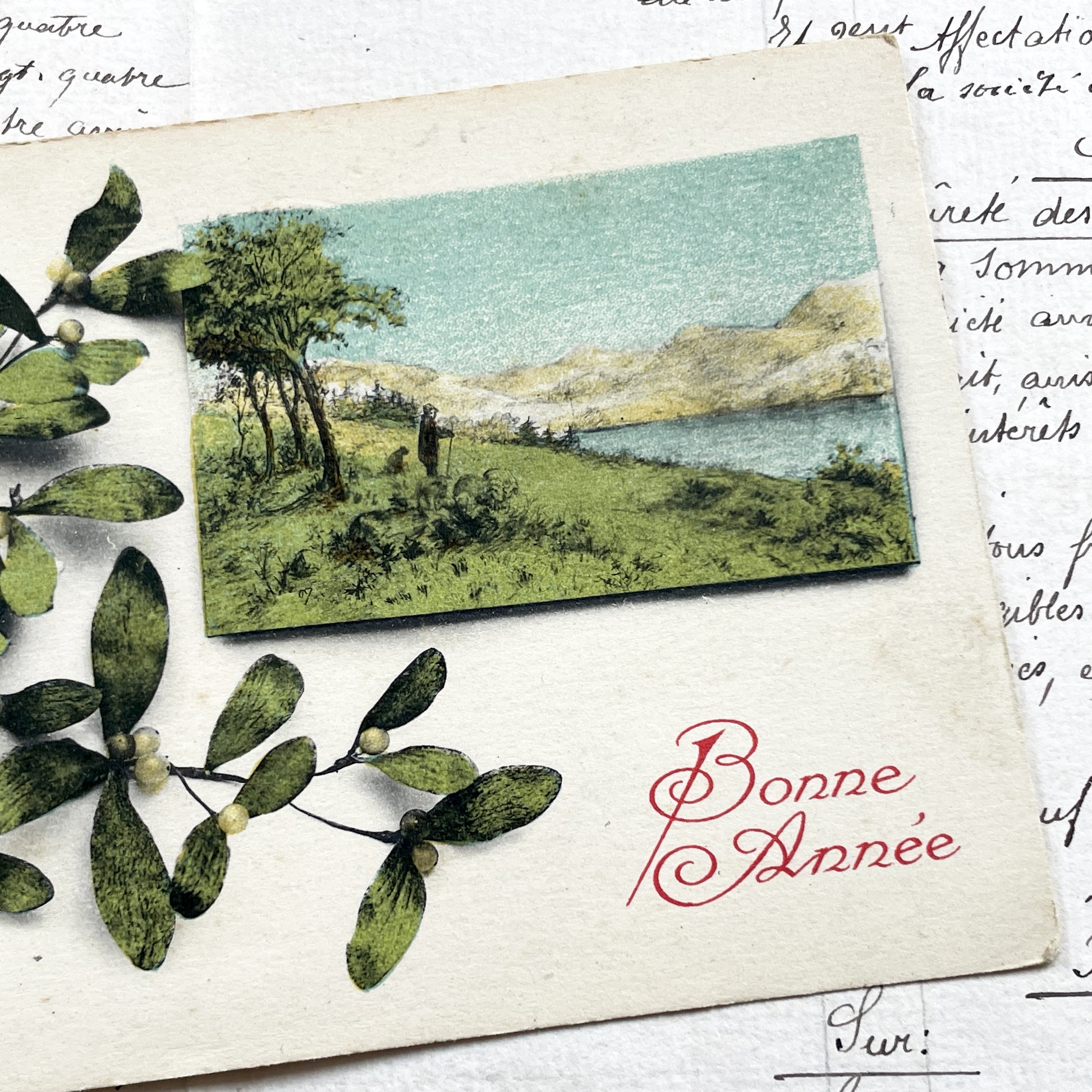 1900s - Antique French New Year Postcard - Mistletoe Design - Vintage Landscape Vignette - Handwritten Document Ephemera