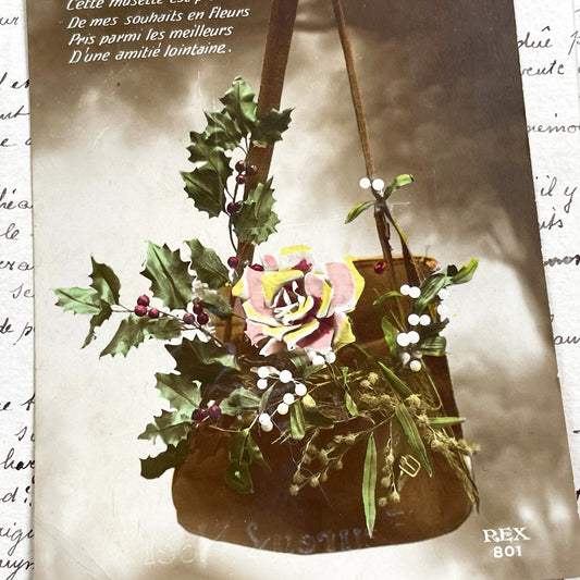 1910s - Antique French Musette Porte-Bonheur Postcard - Sentimental Floral Hand-Colored Vintage Good Luck Bag Ephemera Collectible.