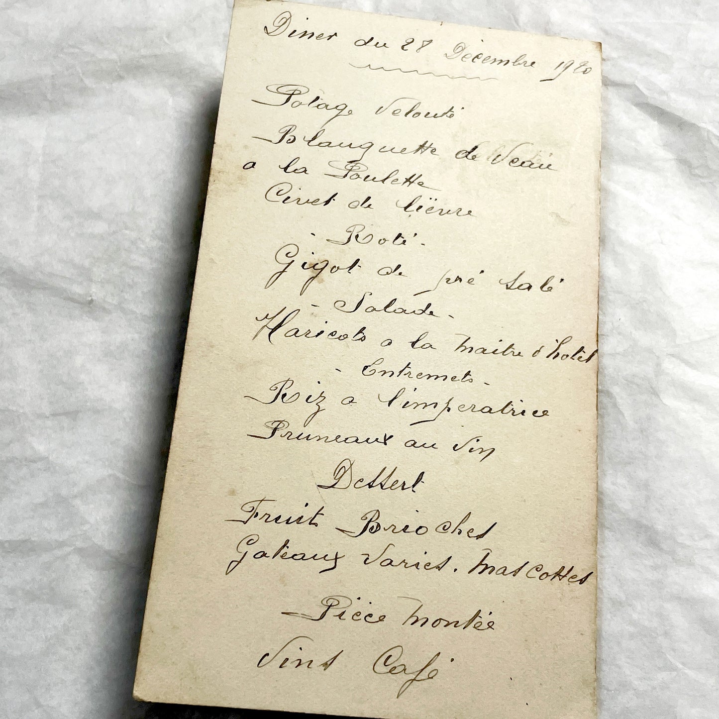 1920s - Antique French Menu Card - Embossed Floral Design - Handwritten Dinner & Lunch Celebration - December 1920