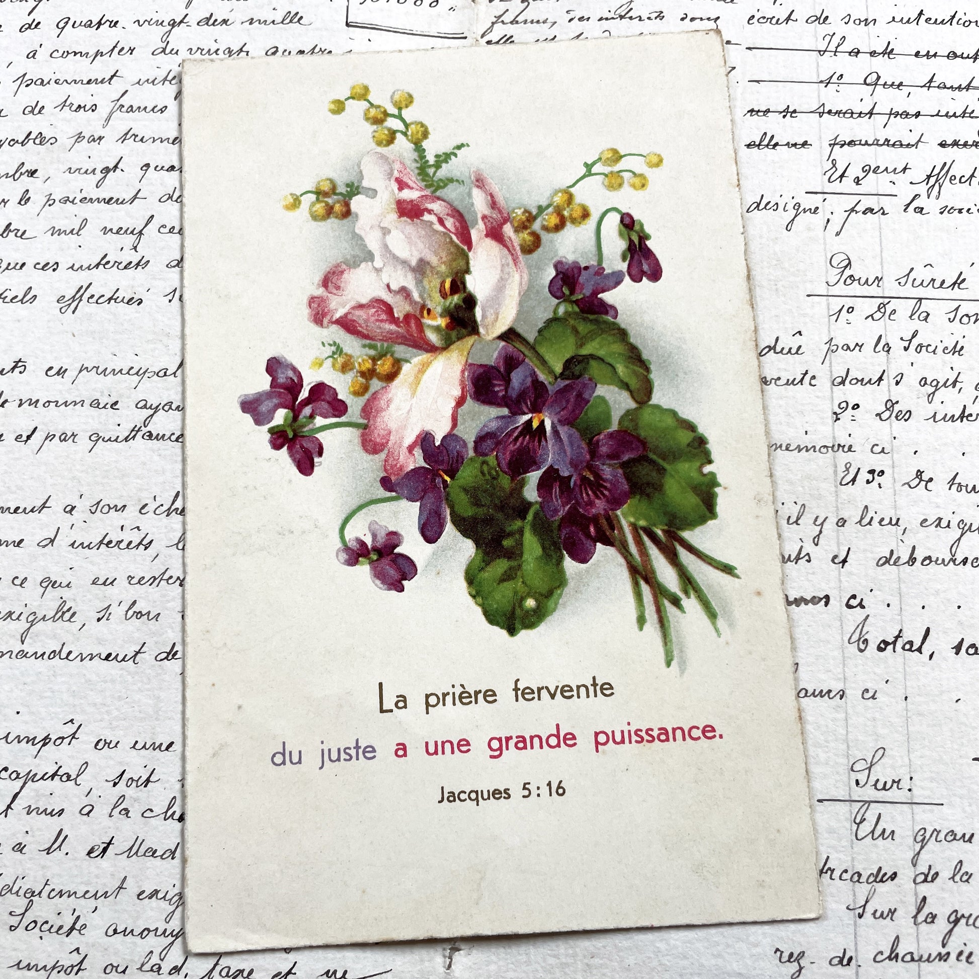 1920s - Vintage French Religious Postcard - Floral Christian Scripture Print - James 5:16 - Antique Ephemera Collectible Artwork