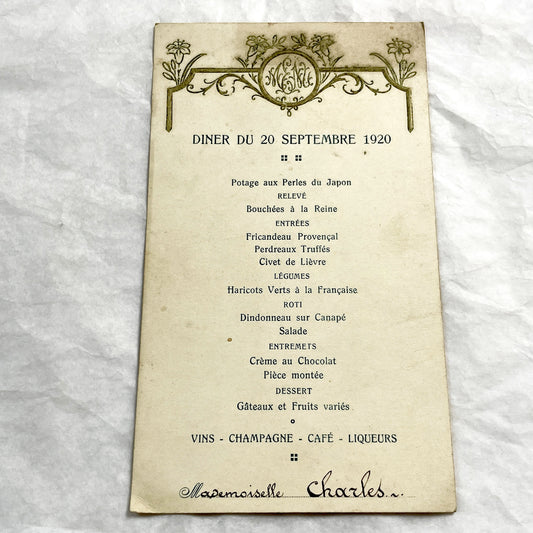 1920s - Vintage French Dinner Menu - September 20 1920 - Ornate Art Deco Monogram Design - Historical Dining Ephemera