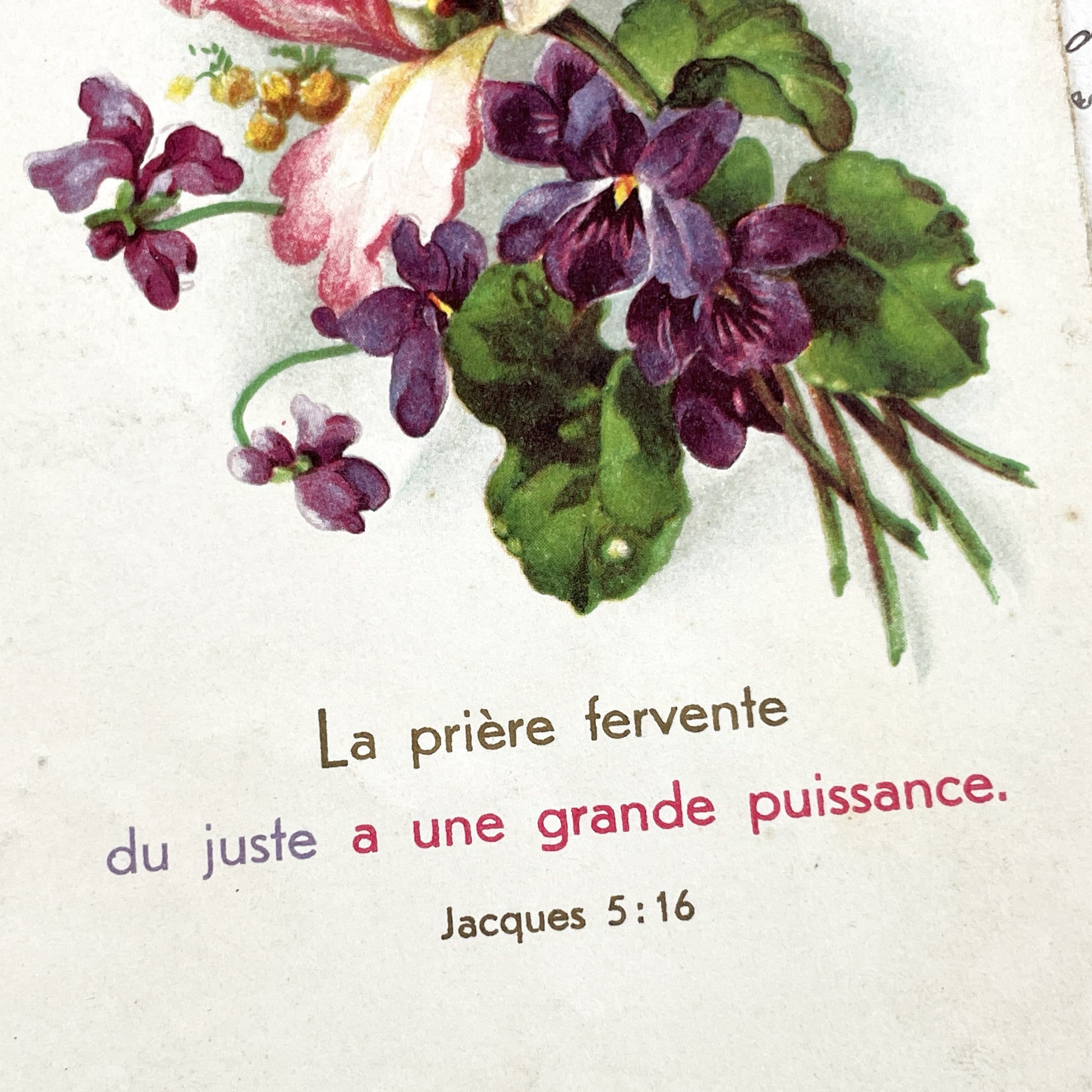 1920s - Vintage French Religious Postcard - Floral Christian Scripture Print - James 5:16 - Antique Ephemera Collectible Artwork