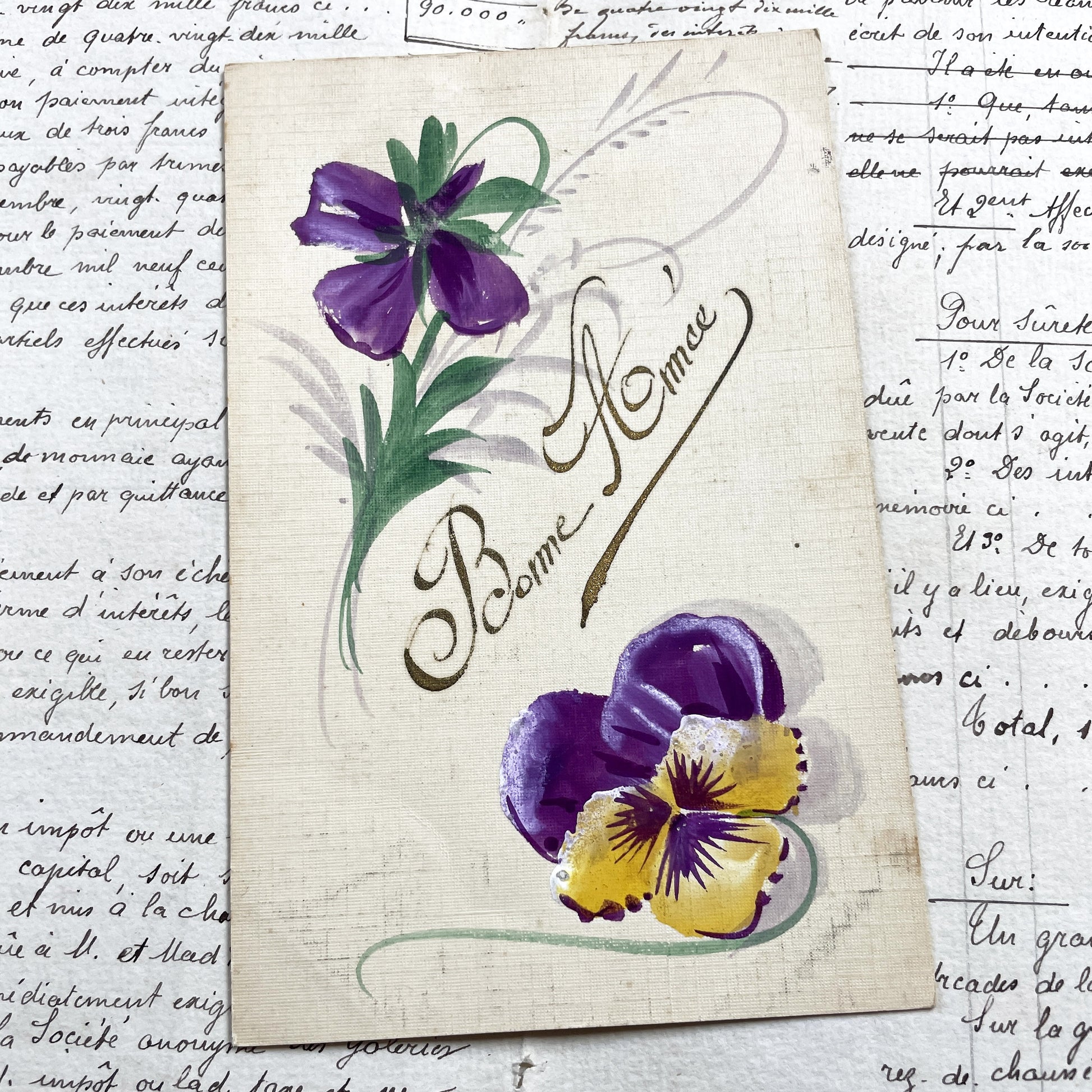 1900s - Antique French Bonne Année Postcard - Hand-Painted Pansies & Purple Violets - Vintage New Year Greeting Card Art