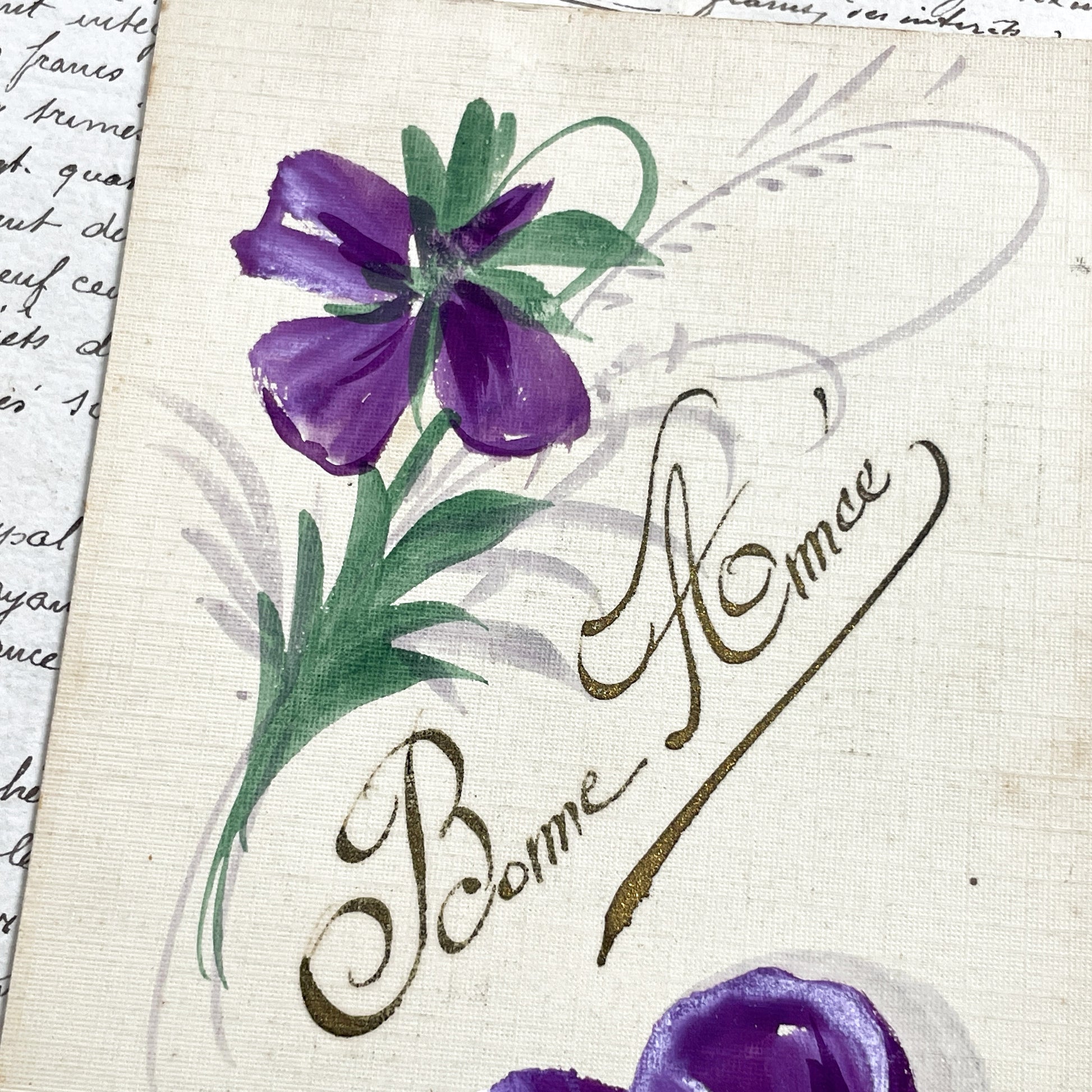1900s - Antique French Bonne Année Postcard - Hand-Painted Pansies & Purple Violets - Vintage New Year Greeting Card Art